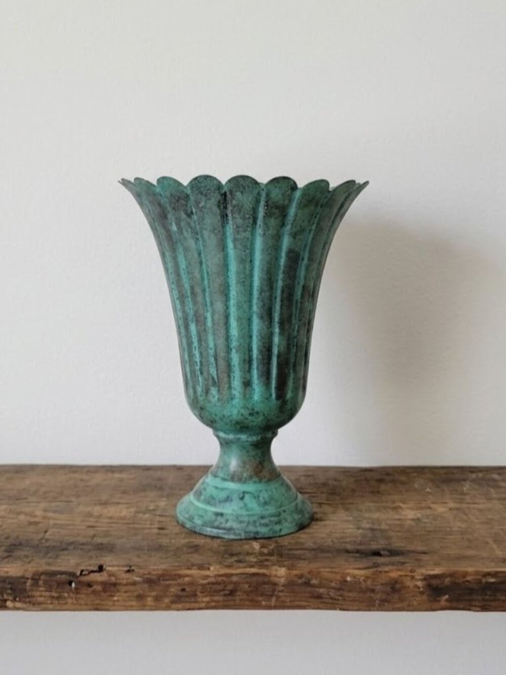 Vintage Verdigris Faux Bronze Fluted Urn Vase Made in India 7.5" MCM Pedestal